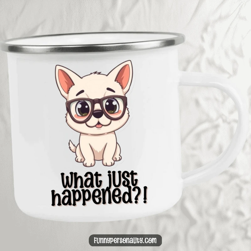 Funny Dog Camping Mug with a surprised puppy wearing oversized glasses, perfect for outdoor adventures and laughs.