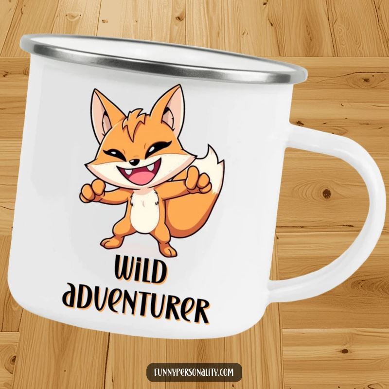 Funny hero fox camping mug with a grinning fox in a heroic pose, durable and perfect for outdoor adventurers.