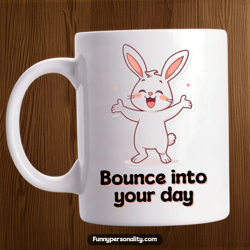 Funny Bunny Dance Mug: A happy bunny energetically doing a silly dance, spreading joy and humor. Great gift for dancers.