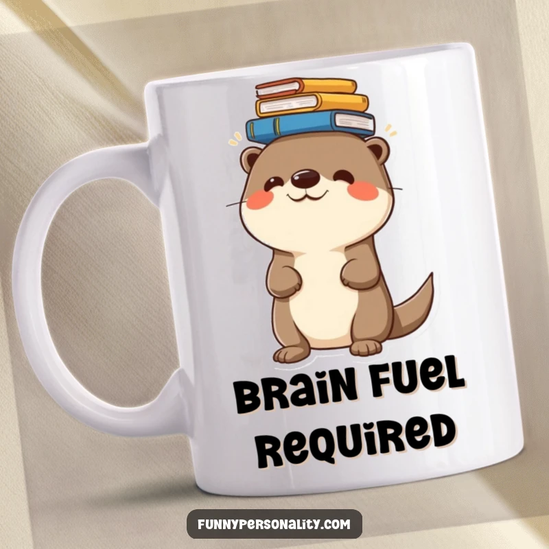 Funny mug with a cheerful otter balancing a tall stack of books on its head, looking studious and cute.