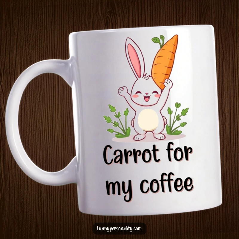 Funny rabbit mug with a happy character triumphantly holding a giant carrot, symbolizing growth and delightful abundance.