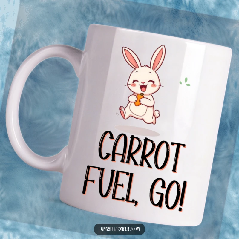 Funny Rabbit Mug featuring a cheerful bunny excitedly jumping high in the air to catch a dangling carrot.