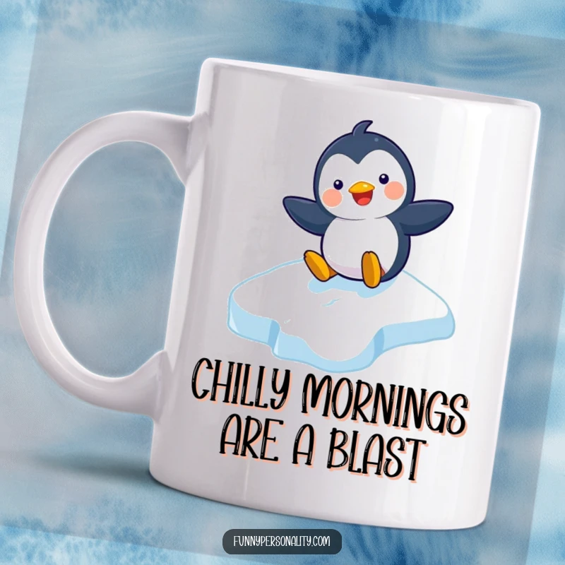 Funny mug showing a playful penguin character happily sliding down an icy slope with a wide, cheerful grin.