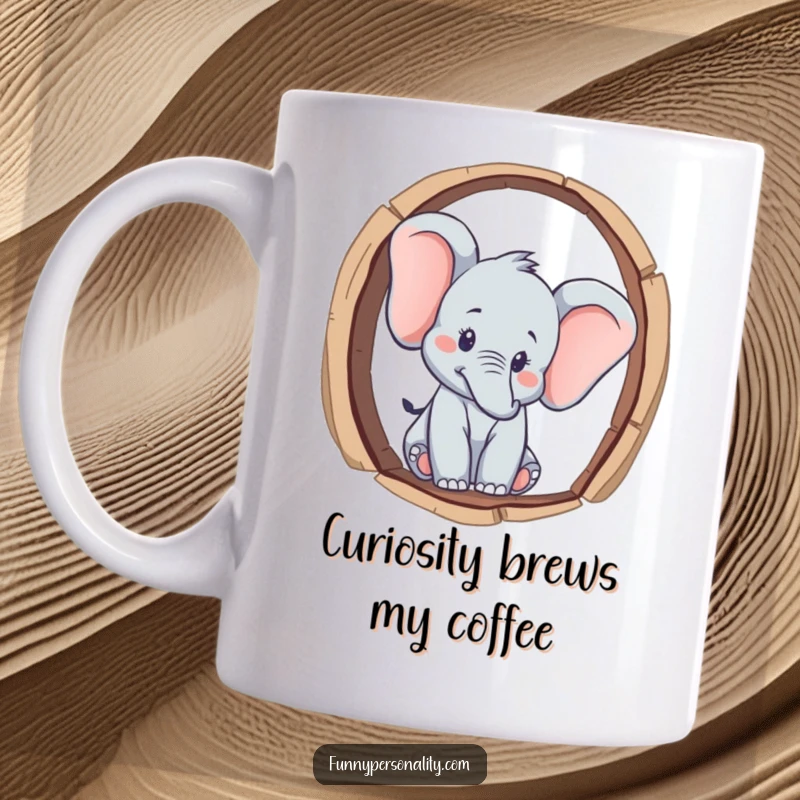 Funny curious elephant character peeking through a keyhole, illustrated on a mug, evoking a sense of wonder and a funny gift.