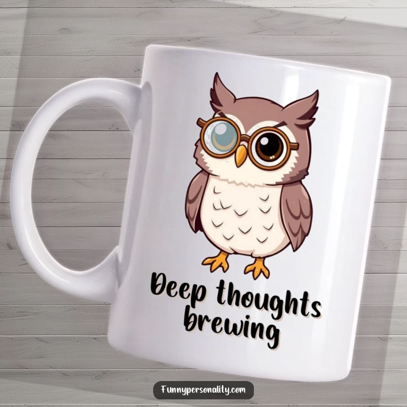 Wise owl mug showing an intelligent owl character wearing a monocle, looking thoughtfully, ideal for intellectual gifts.