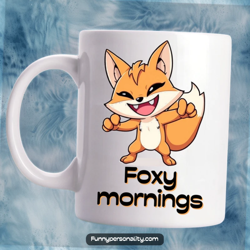 Funny hero fox mug featuring a grinning fox striking a dramatic, heroic pose, embodying bravery and humor.