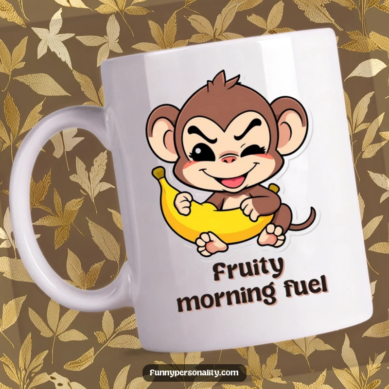 Funny Mug: A mischievous monkey character grins widely while balancing a banana, perfect for a humorous and fun gift.