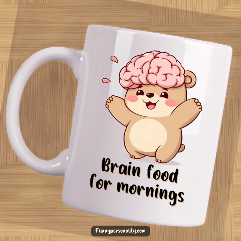 Funny bear character mug with a chubby bear playfully tossing a large, smiling brain, symbolizing quirky intelligence.