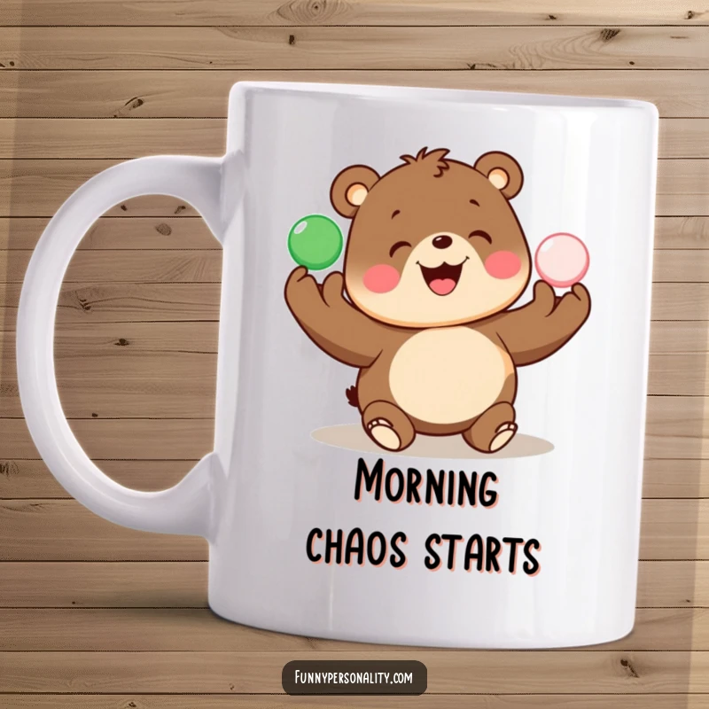 Funny mug depicts a happy bear joyfully juggling multiple colorful balls, spreading cheer and fun.
