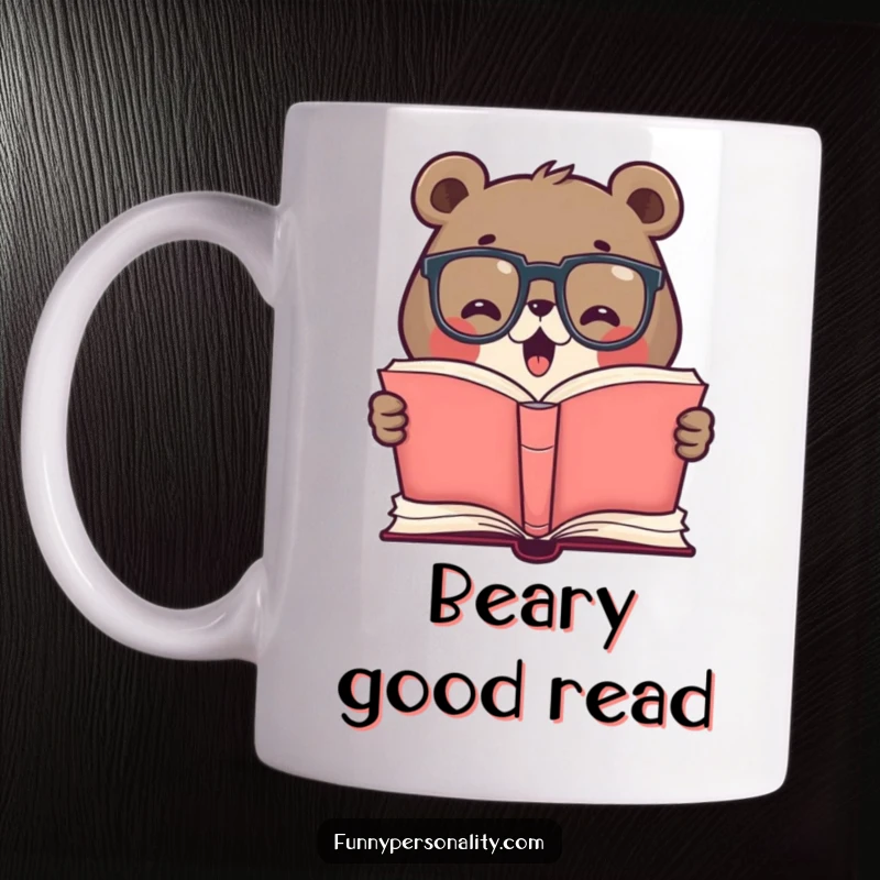 Funny mug featuring a cute bear wearing glasses, engrossed in reading a giant open book, symbolizing knowledge and enjoyment of literature.