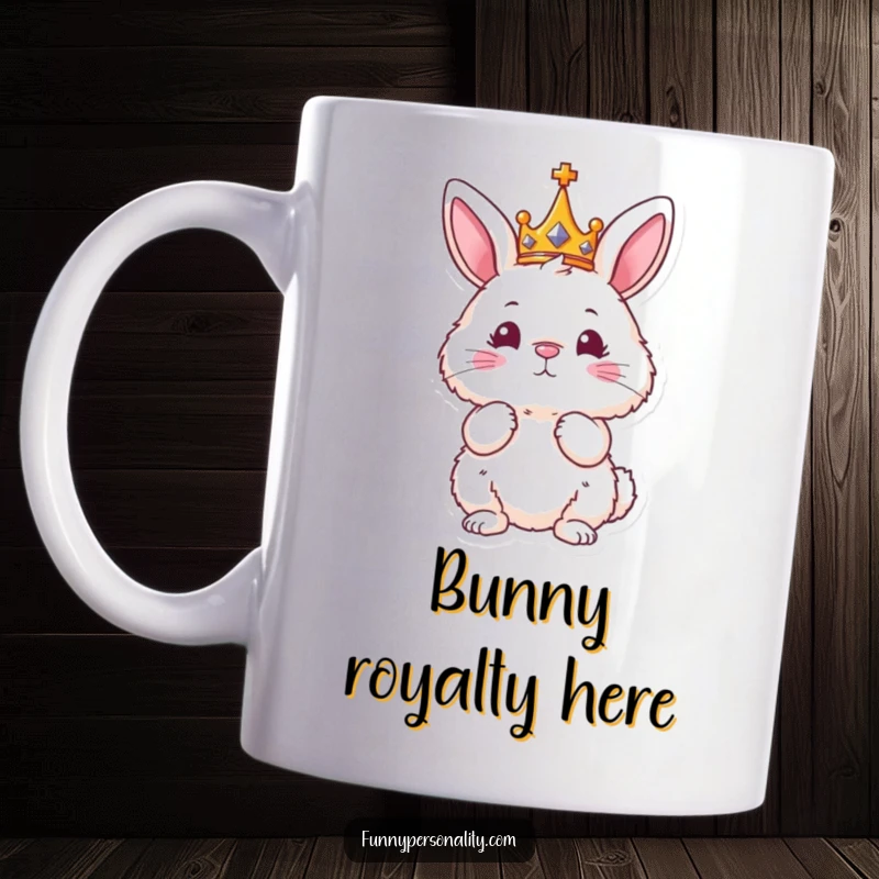 Funny mug featuring a fluffy bunny character wearing a tiny crown, posing regally with a humorous, majestic air.