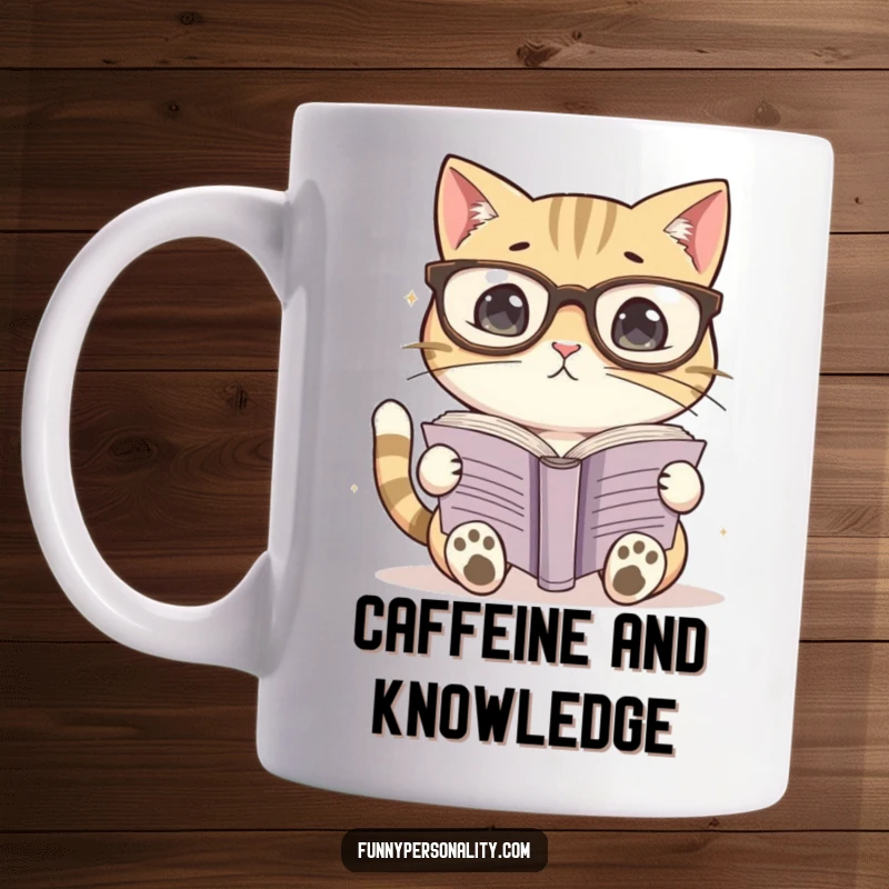 Funny mug featuring a cat wearing large glasses, engrossed in reading a book. Perfect for bookworms and cat lovers.