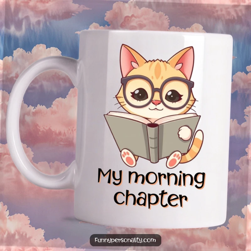 Funny mug featuring a silly cat wearing oversized spectacles and intently reading a giant book, looking studious and cute.