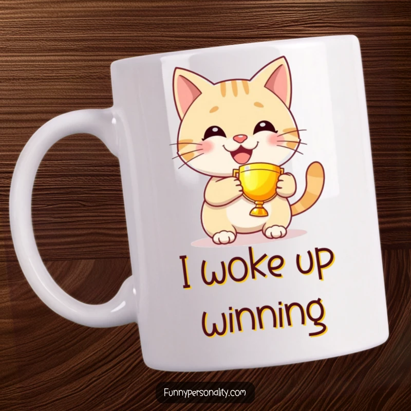 Funny cat mug with a grinning character proudly holding a tiny, glowing trophy, celebrating a small but significant victory.