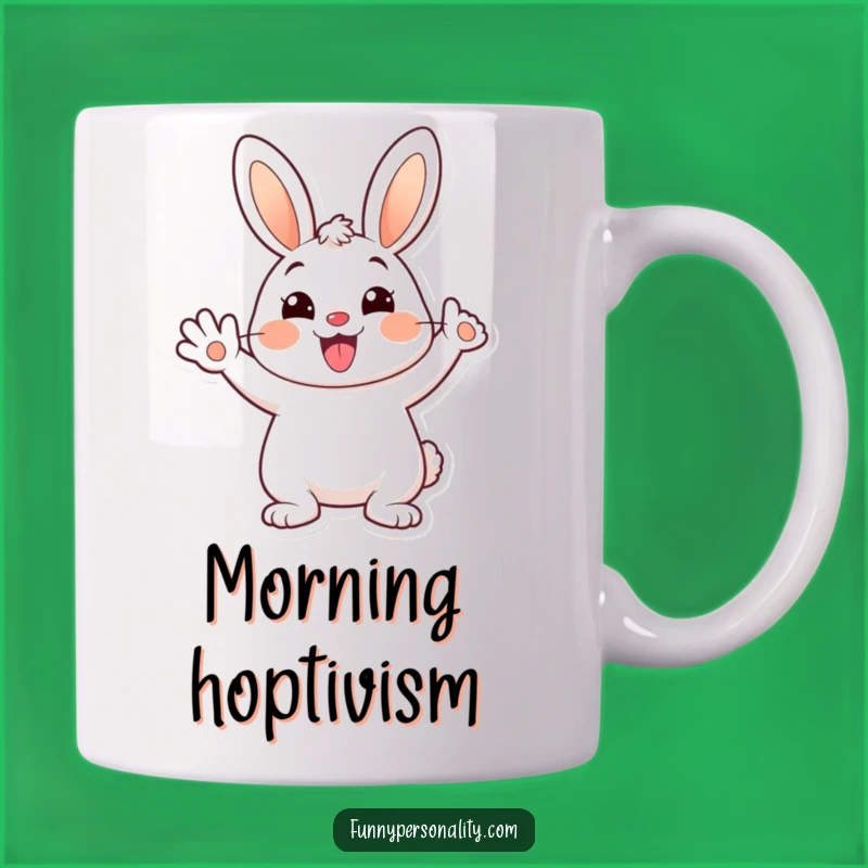 Funny Cheerful Bunny Mug: Happy Waving Cartoon Rabbit, Joyful Animal Gift