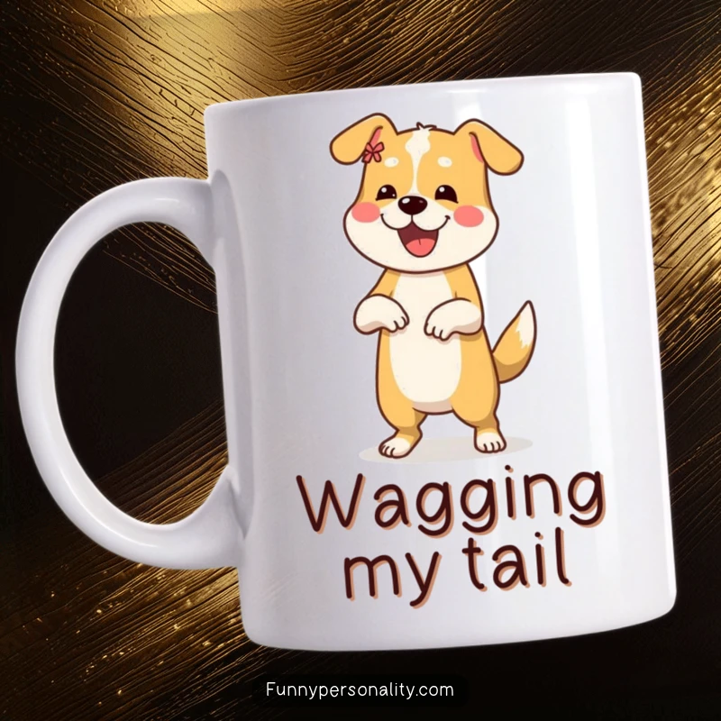 Funny mug shows a happy dog energetically performing a funny dance move, radiating pure canine joy.