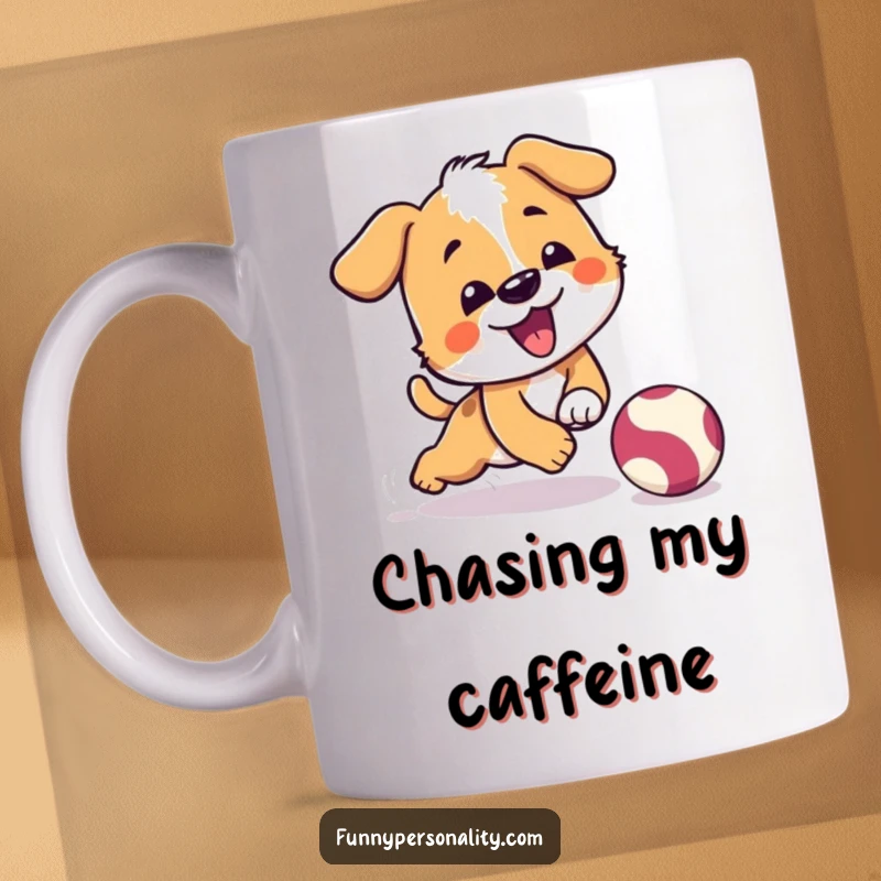 Funny mug with a playful dog character comically tripping mid-air while chasing a bouncing ball, capturing energetic fun.
