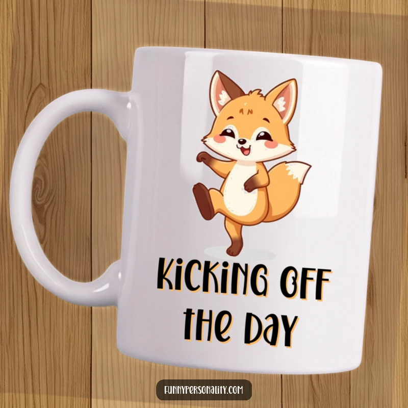 Funny Mug featuring a happy fox cub joyfully performing a silly leg kick with one leg playfully in the air.