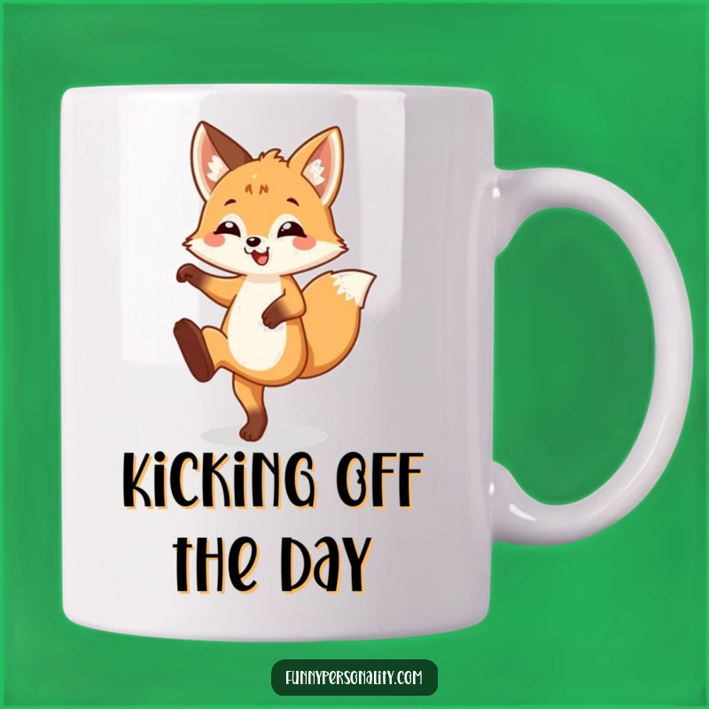 Funny Fox Cub Leg Kick Mug: Joyful Animal Dance Gift