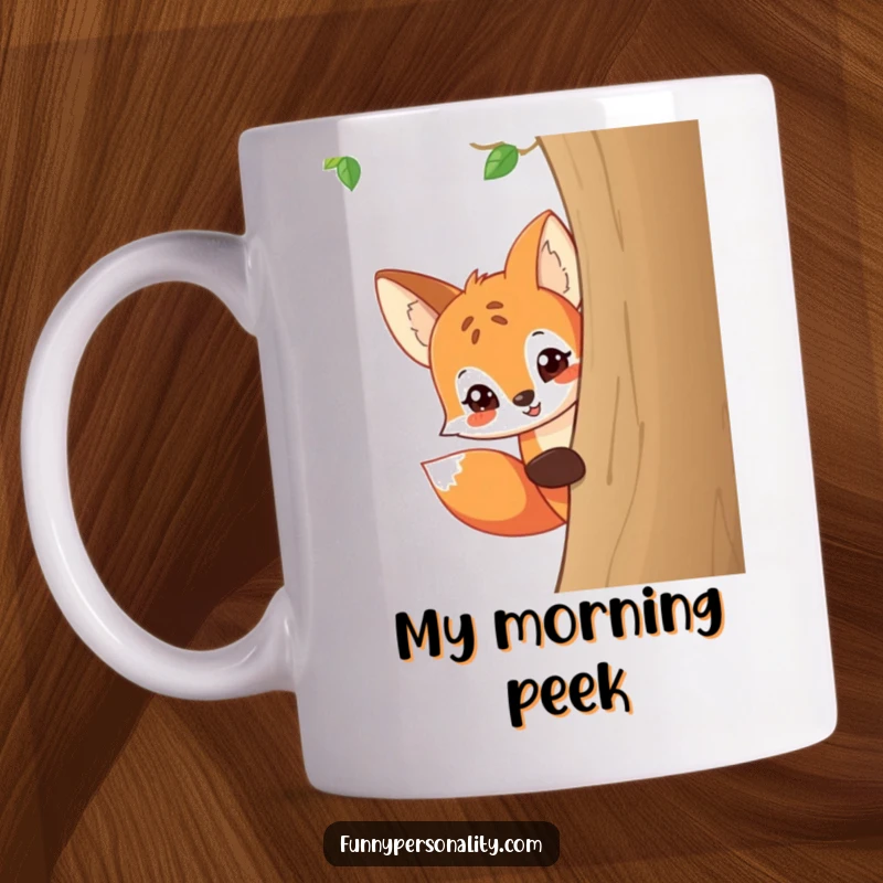 Funny mug depicting a playful cartoon fox peeking around a tree trunk with a wide, mischievous grin.