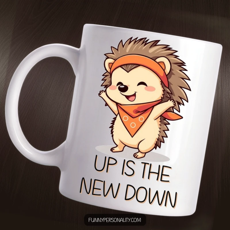 Funny Mug featuring a cheerful hedgehog wearing a bright bandana, hilariously attempting a handstand with determination.