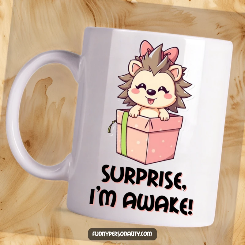 Smiling hedgehog character joyfully bursting out of a gift box, illustrated on a mug, symbolizing surprise and a funny gift.