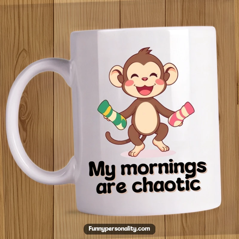 Funny playful monkey character juggling three different colored socks, illustrated on a mug, evoking laundry day chaos and a funny gift.
