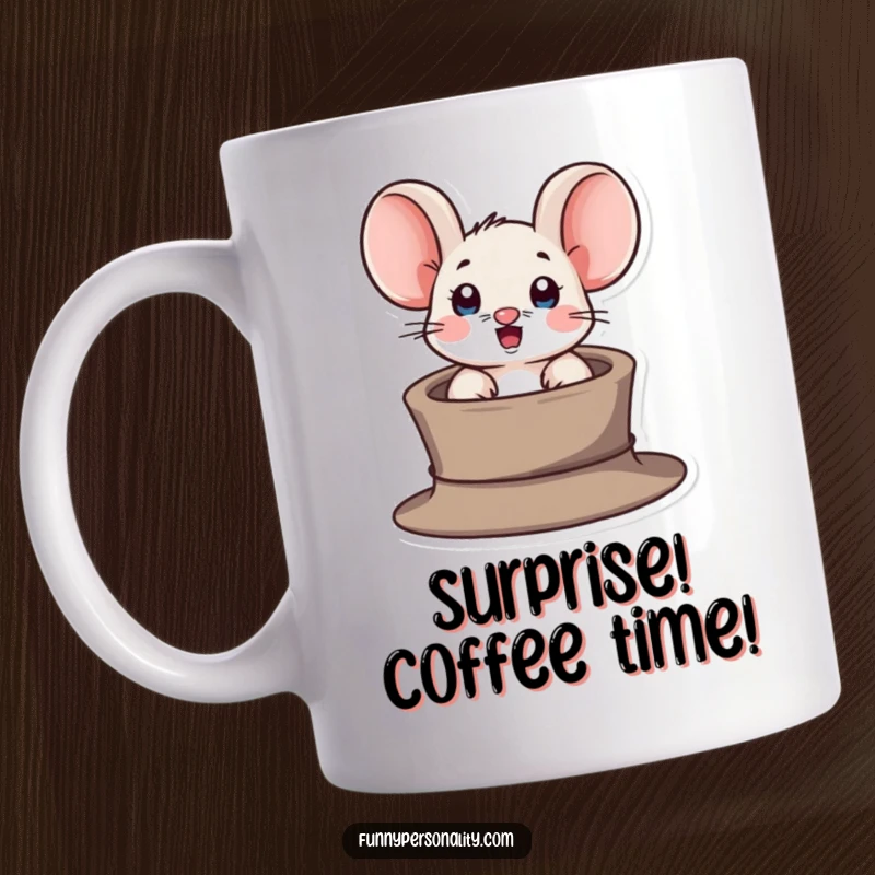 Funny mug featuring a surprised mouse character peeking out from a tiny magician's hat with wide, comical eyes.