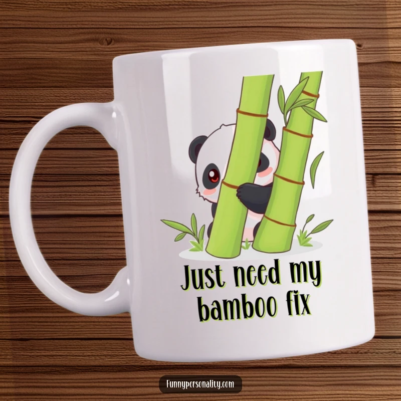 Funny shy panda peeking from behind a large bamboo stalk on a mug, conveying a sense of introversion and gentle curiosity.