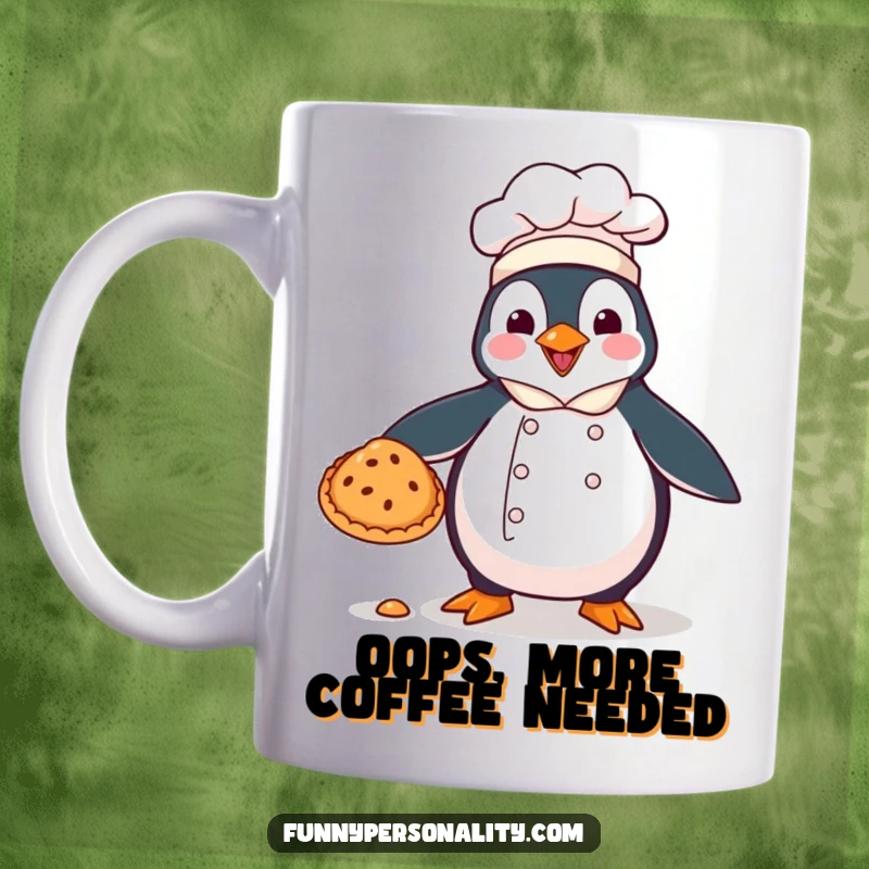 Funny mug: a clumsy penguin chef in a tall hat, dropping a pie with a surprised expression.