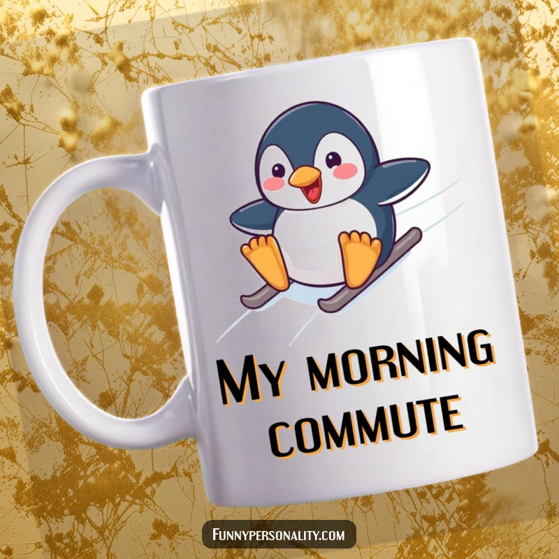 Funny mug featuring a happy cartoon penguin character joyfully sliding down a snowy icy slope with a big smile.