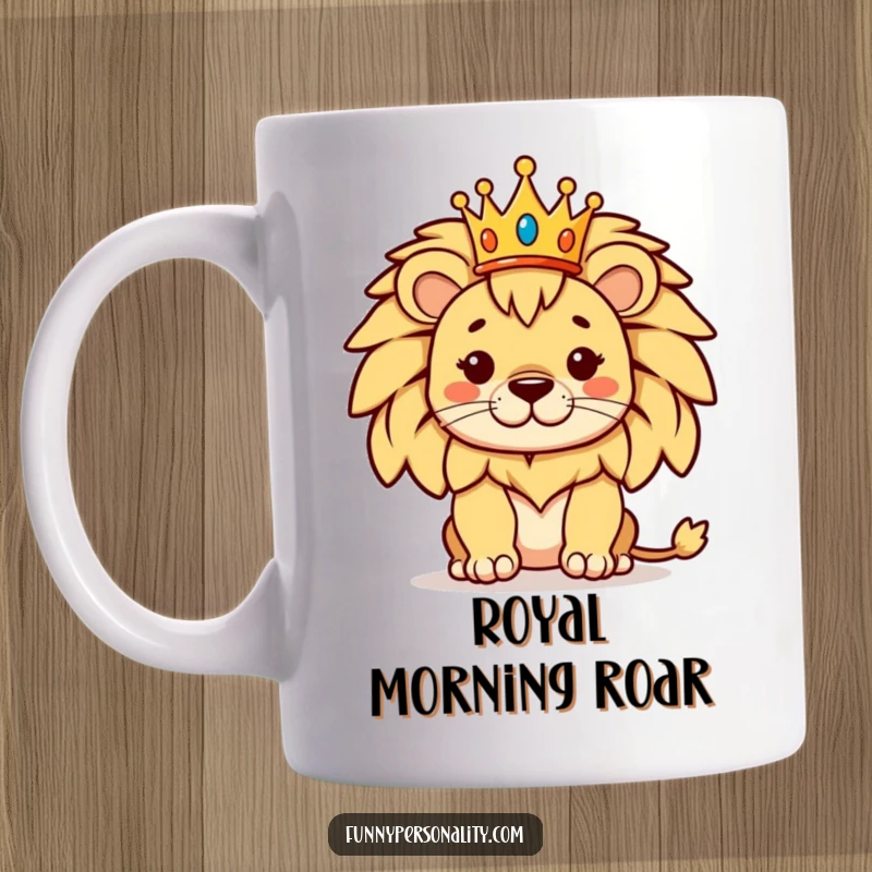 Funny mug with a proud lion posing regally, sporting a tiny crown, a symbol of majestic humor and leadership.