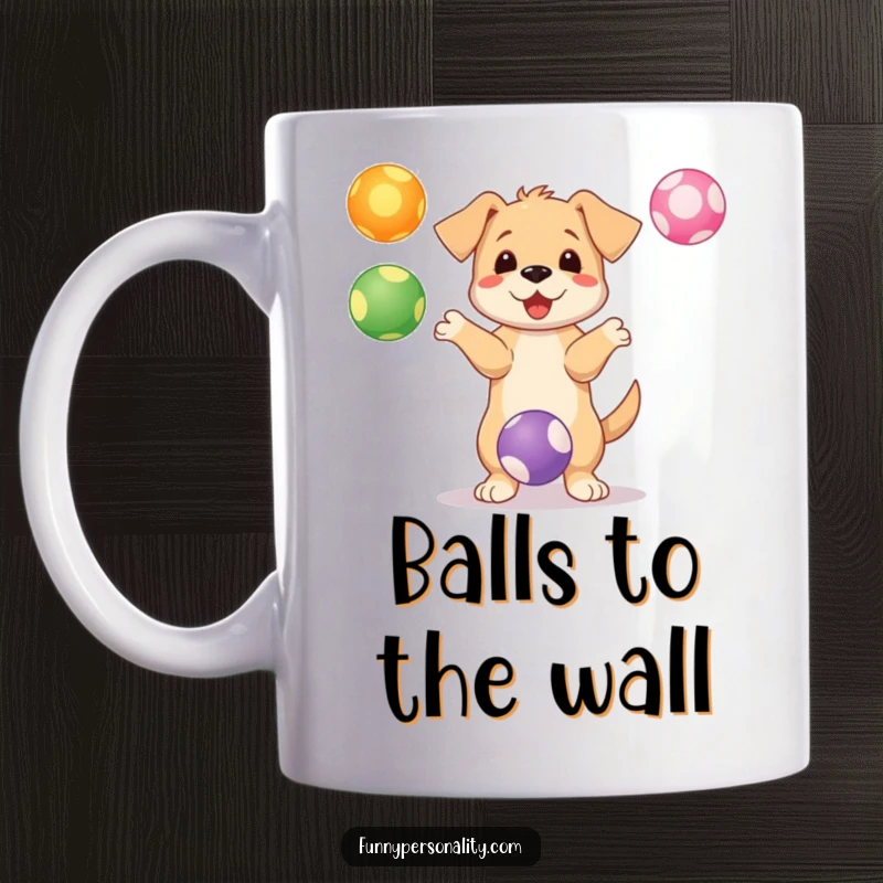 Funny puppy mug with a playful character enthusiastically juggling three colorful, bouncing balls, showcasing pure fun.