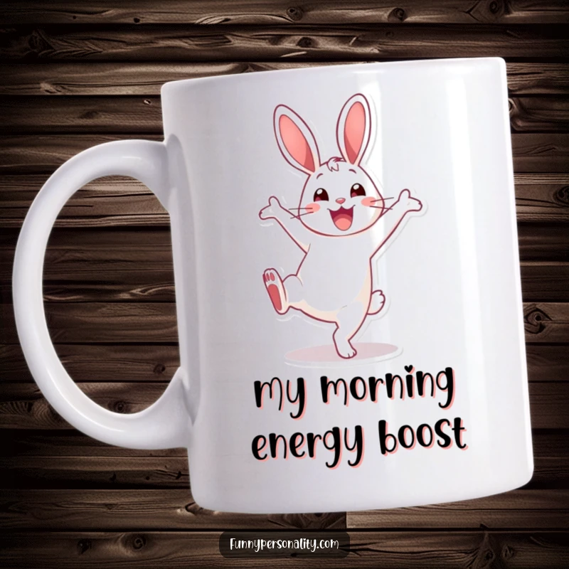 Funny Mug: Energetic rabbit performing a cartwheel with a huge, joyful smile, embodying pure fun and excitement.