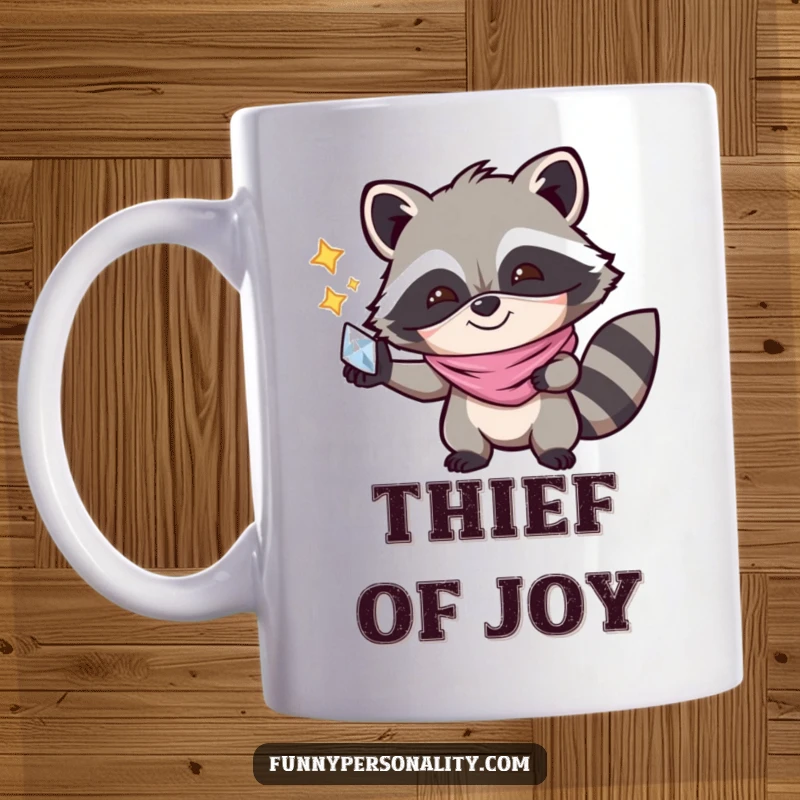 Funny Mug: A joyful raccoon wearing a mask happily holds a shiny object, embodying playful mischief and a love for treasures.