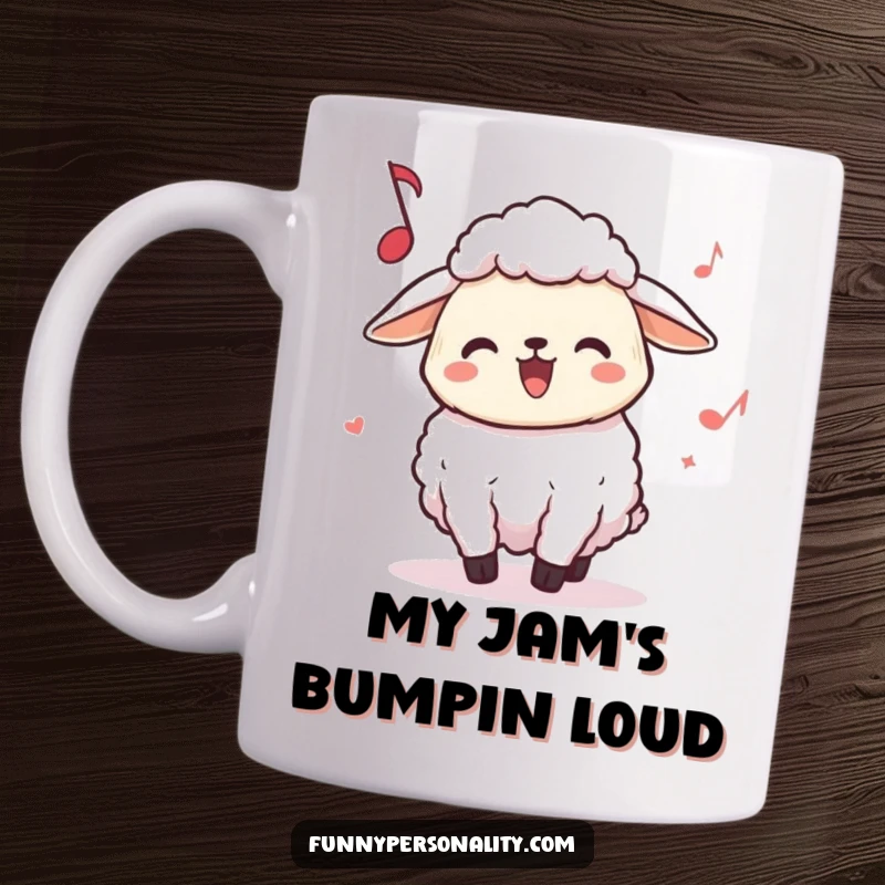 Funny Sheep Mug: A joyful sheep character bops its head enthusiastically to unheard music, radiating pure happiness and rhythm.