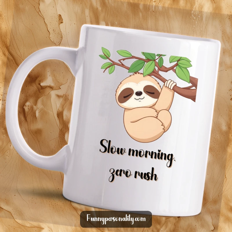 Funny Mug: A sleepy sloth character smiles serenely while hanging peacefully from a branch, perfect for a relaxing gift.