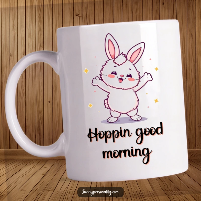 Funny mug featuring a fluffy rabbit striking a confident disco dance pose, exuding joy and a love for the dance floor.