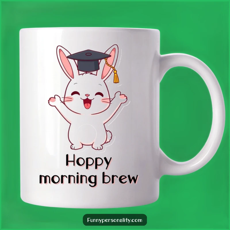 Funny Rabbit Graduation Mug - Happy Character Waving Cap, Hilarious Gift
