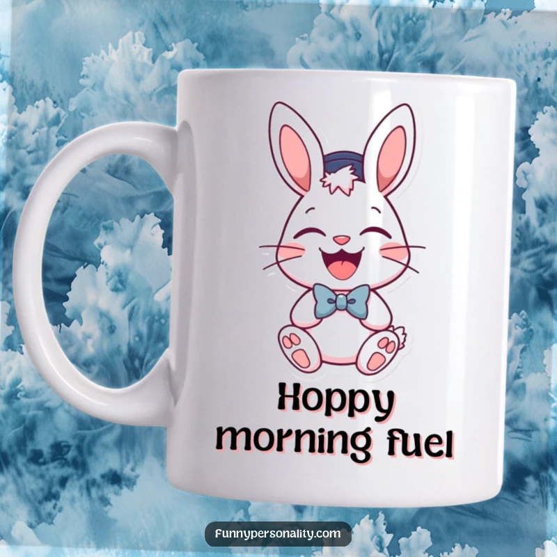 Funny mug featuring a laughing bunny character dressed smartly in a hat and bow tie. Perfect for festive occasions.