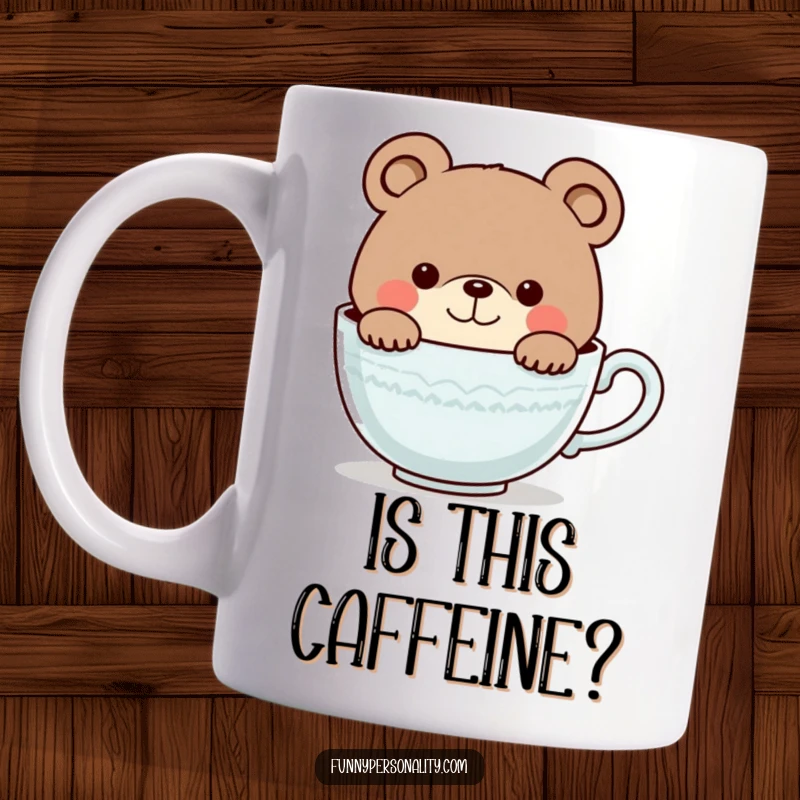 Funny mug showing a curious bear character smiling as it peeks into a giant teacup, suggesting a love for tea and discovery.