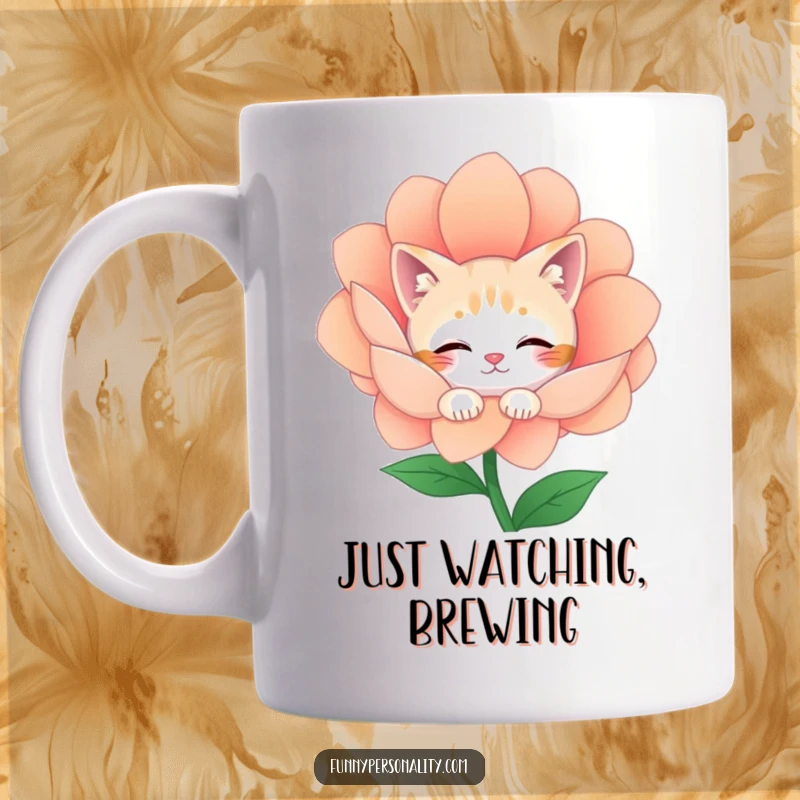 Funny Mug: A shy cat character peeks out from behind a large, vibrant flower, showing timid curiosity and cuteness.
