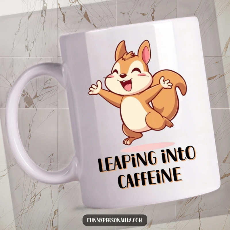 Energetic squirrel mug showing a happy squirrel character leaping triumphantly, a symbol of energy and success.