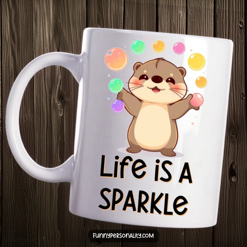 Funny Otter Mug featuring a happy otter juggling glowing orbs with joyful abandon, radiating pure delight.