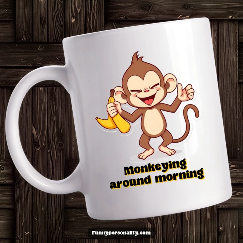 Funny monkey banana mug: a mischievous monkey character skillfully juggling three ripe bananas with a sly, playful smile.