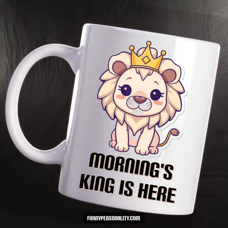 Funny triumphant lion character wearing a small, golden crown on a mug, exuding power and a victorious, grinning expression.
