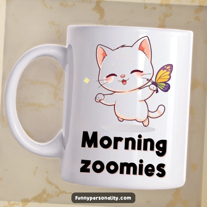 Funny mug featuring a playful cat character joyfully chasing a sparkling butterfly, capturing a moment of pure, lighthearted fun.