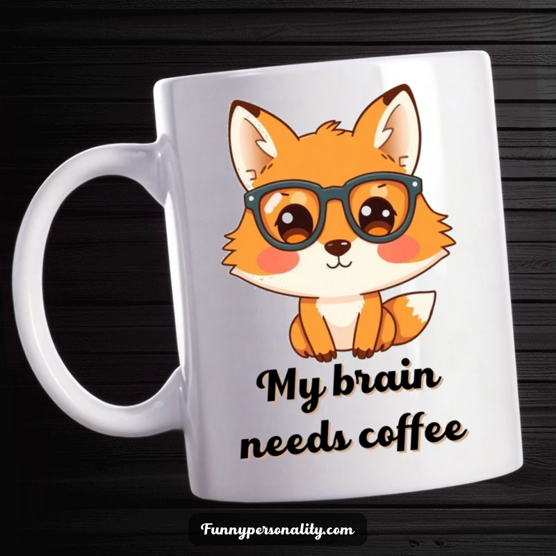 Funny mug shows a clever fox wearing large glasses, peering with curiosity, ideal for a smart and humorous gift.