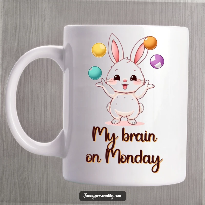 Funny mug featuring a fluffy bunny character humorously juggling three colorful balls with impressive concentration and a happy expression.