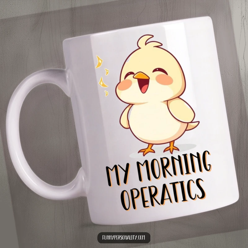 Funny mug with a joyful bird character singing loudly, chest out, spreading happiness and melody. A perfect gift for singers.